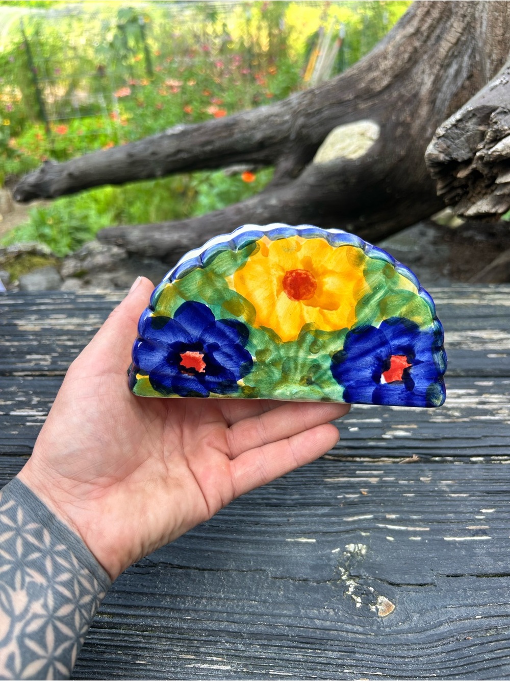 Vintage Hand Painted Ceramic Napkin Holder Floral Folk Art Cottagecore